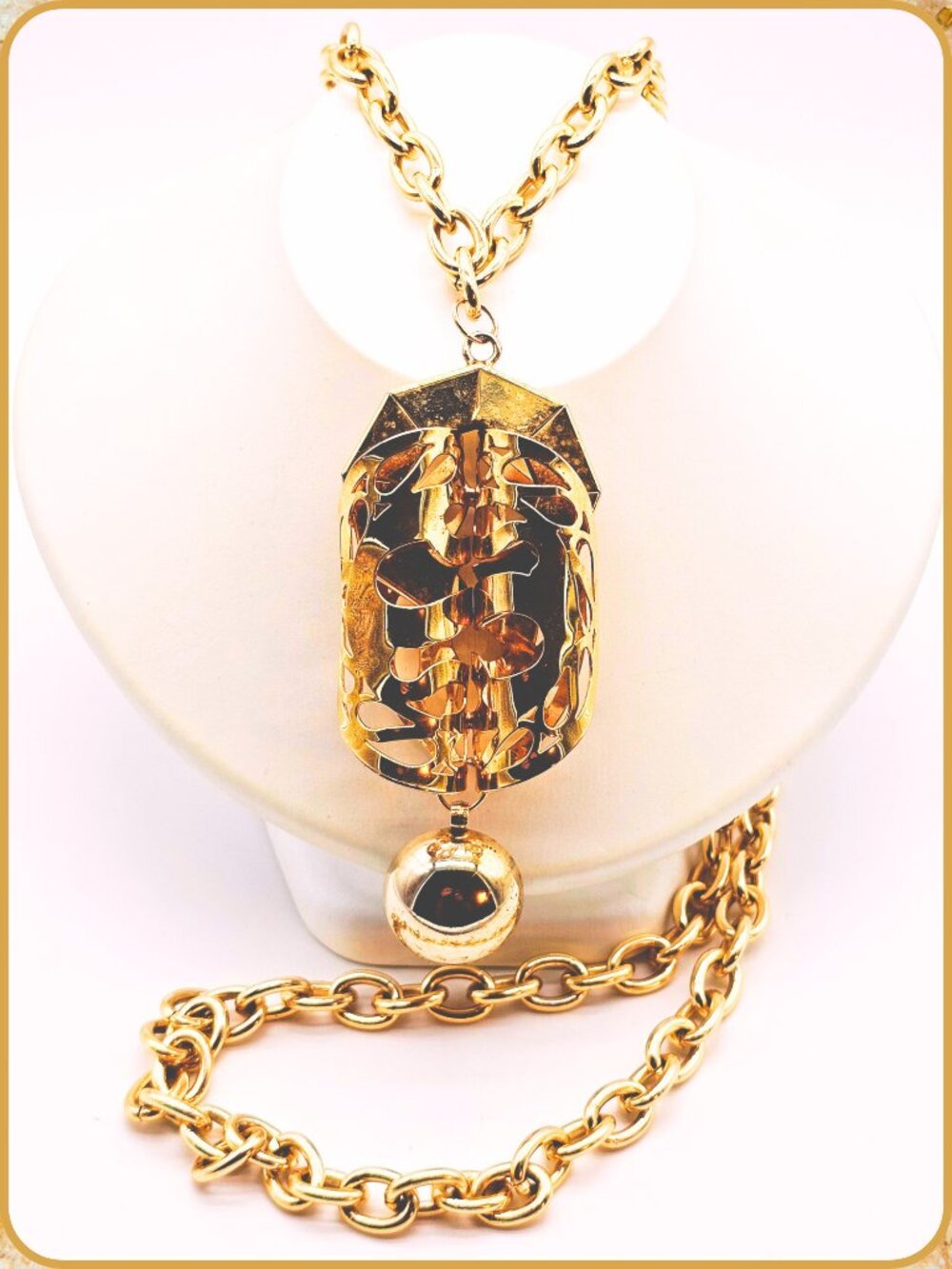 Vintage Gold Tone Modernist Openwork Statement Pendant Necklace Long Chain